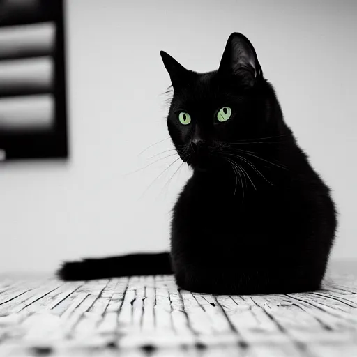 Image similar to studio photograph of a black cat sitting in a white room