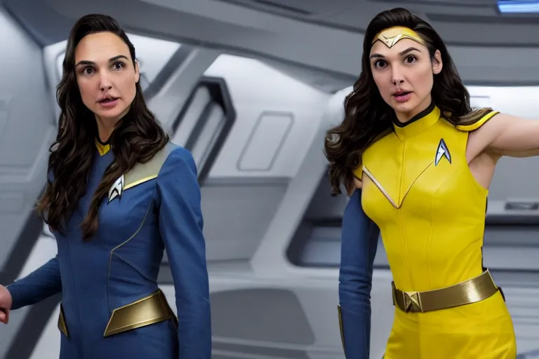 Image similar to Gal Gadot, wearing a yellow uniform, is the captain of the starship Enterprise in the new Star Trek movie