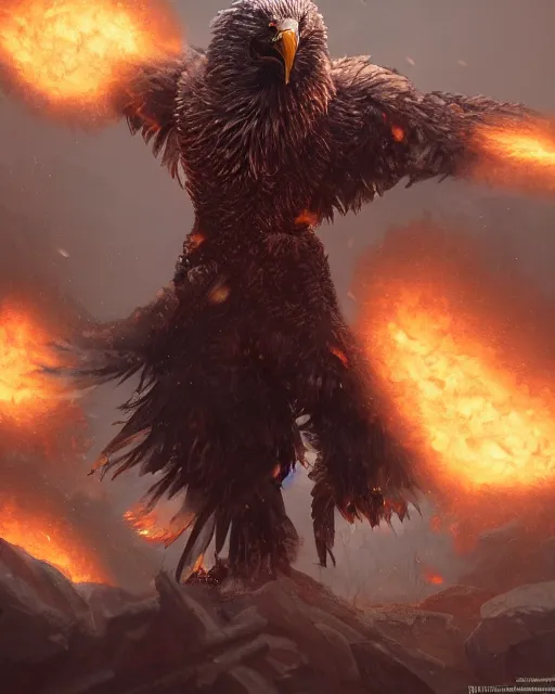 Image similar to oil painting of Angry Anthropomorphized Eagle Berserker, wearing fur armor, claws, sharp focus, attack pose, fantasy style, octane render, volumetric lighting, 8k high definition, by greg rutkowski, highly detailed, trending on art Station, magic the gathering artwork, burning Battlefield background, centered