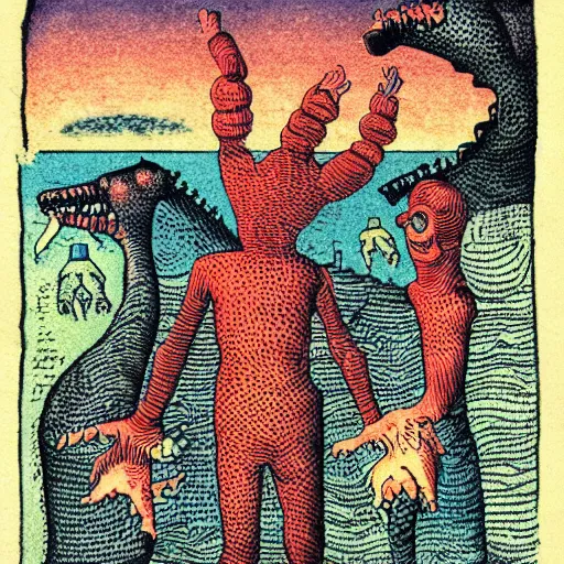 Image similar to uncanny monsters of the imagination in a surreal risograph alchemical manuscript