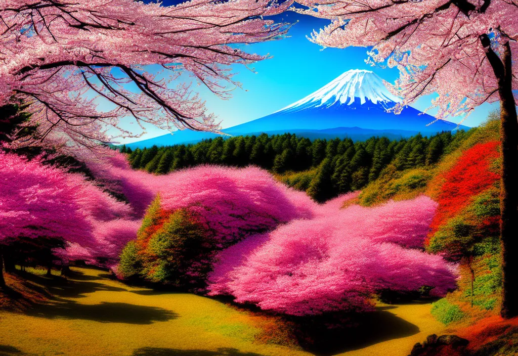 Image similar to a real photographic landscape painting with incomparable reality, wide angle, in forest, flowers, cherry blossom tree in full bloom, bright style, mount fuji, clearing, john howe, magnificent, artstation