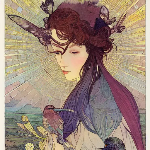 Prompt: a beautiful intricate watercolor illustration of a princess with birds 4 k, ultra - wide angle, by william turner, by victo ngai, by alphonse mucha, by moebius, by gustave dore, hd, trending on artstation, hyper detailed, muted intense colors