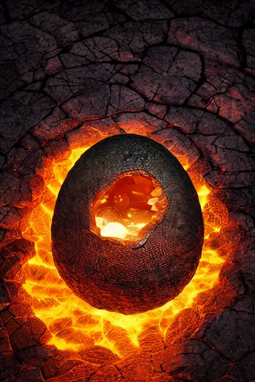 Image similar to a scaly dragon egg made from opalescent coal and molten lava, on a carved stone floor against a forest background photorealistic, dlsr, octane render, 8 k, cinematic lighting