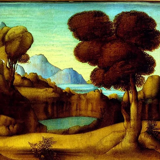 Prompt: landscape painting by leonardo da Vinci