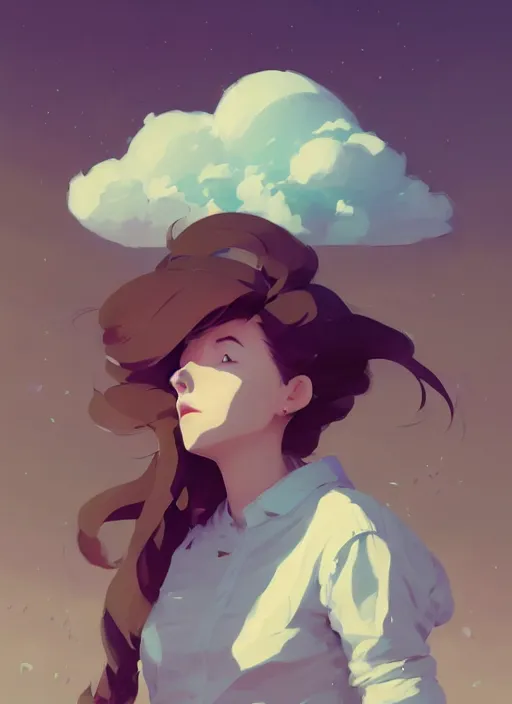 Image similar to portrait of cute maiden girl cowered, cloud sky background, by atey ghailan, by greg rutkowski, by greg tocchini, by james gilleard, by joe gb fenton, by kaethe butcher, dynamic lighting, gradient light blue, brown, blonde cream and white color in scheme, grunge aesthetic