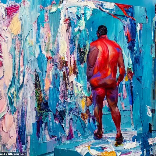 Prompt: _ in _ these _ paintings _ we _ see _ a _ big _ man _ who _ seem _ to _ be _ walking _ in _ circles in an empty void space, 4 k, in the style of ben quilty, minimal palette, medium shot, oil paint with thick brushstrokes of paint, impasto, detailed,