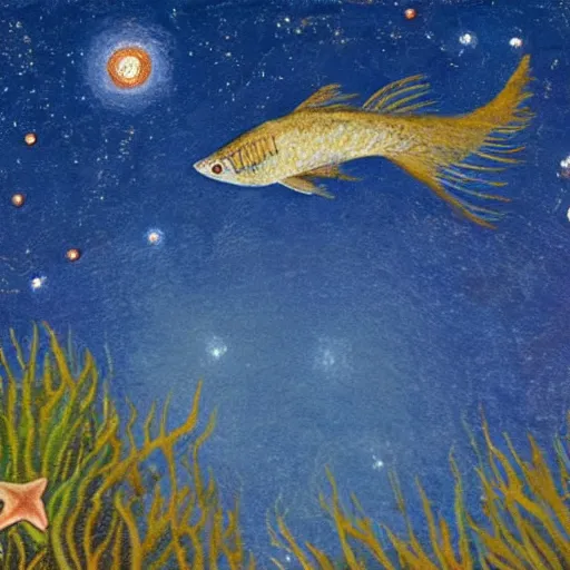 Prompt: flying fish jump out of ocean under starry night sky