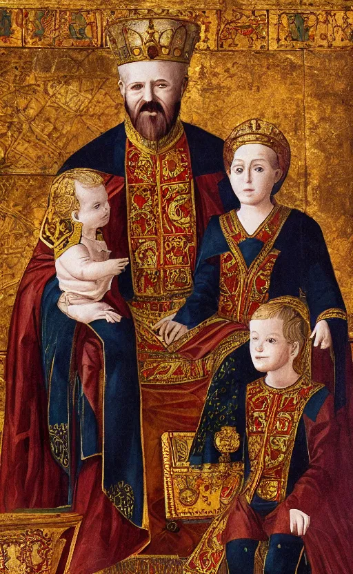 Prompt: photograph of a smiling byzantine emperor with his beloved son and daughter,