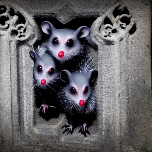 Prompt: goth vampiric scary possums in a medieval cemetery at night