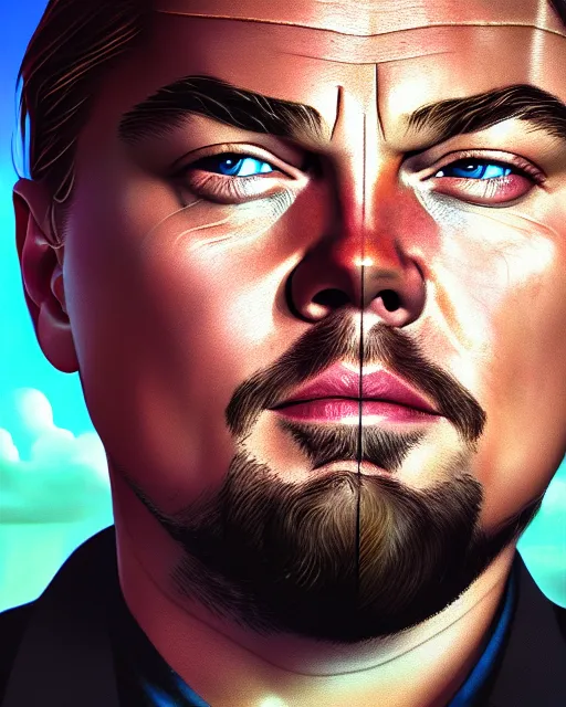 Prompt: wide centered detailed portrait of leonardo dicaprio in don't look up, futuristic, intricate, octane render, redshift, smooth, illustration, fairy lighting, clouds in the background, hyperrealistic, by dmitry prozorov, loish, and wlop, trending on artstation, hyperdetailed, hyperrealism
