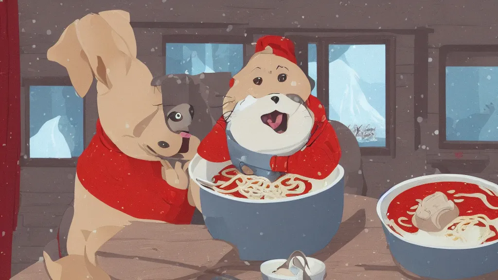 Image similar to cute fat anthropomorphic dog boy eating ramen in a red turtleneck sweater in a cottage on a cold winter day, detailed, 4K, trending on pixiv