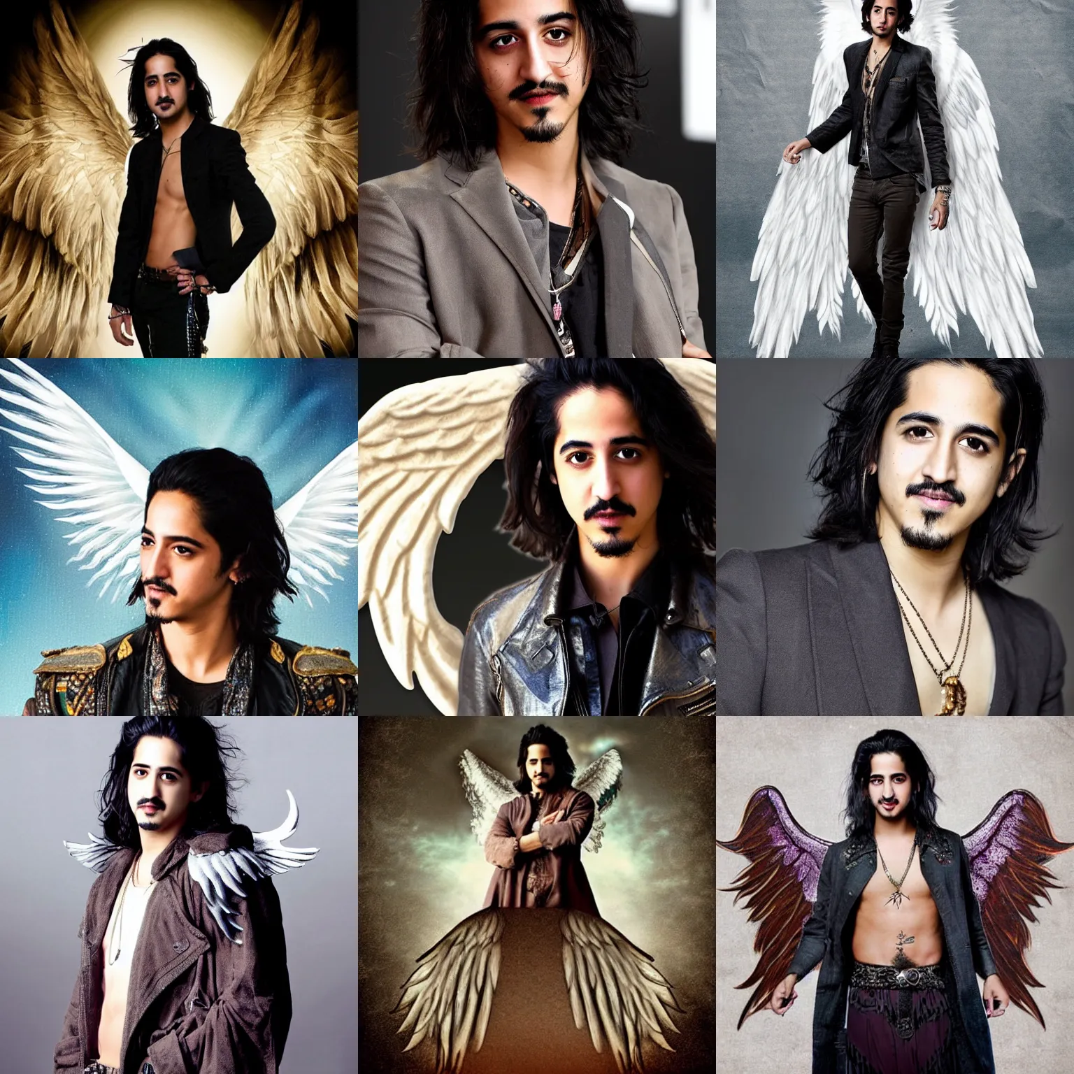 Prompt: high resolution, realistic, detailed photograph of avan jogia with angel wings