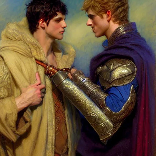 Image similar to attractive, arthur pendragon in love with attractive male, merlin the mage. highly detailed painting by gaston bussiere, craig mullins, j. c. leyendecker