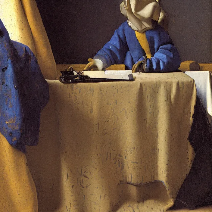 Prompt: johannes vermeer, a small old ship