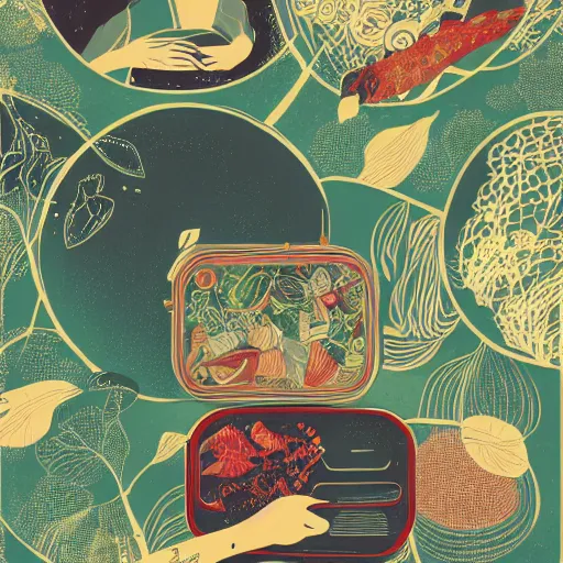 Prompt: an illustration of lunch box by victo ngai