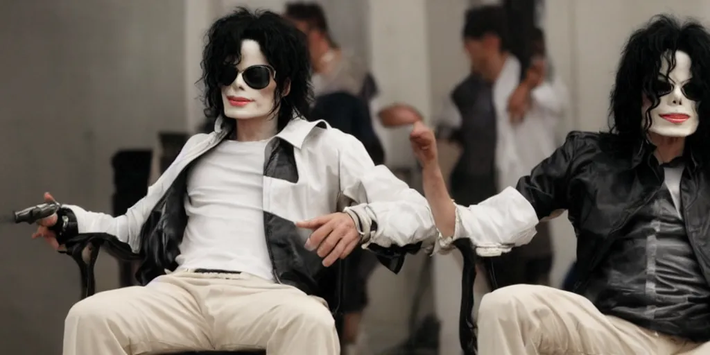 Image similar to michael jackson 2 0 0 9 wearing shades, alone, this is it style, photo real, pores, motion blur, sitting in a chair, by himself, real life, spotted, ultra realistic face, accurate, 4 k, movie still, uhd, sharp, detailed, cinematic, render, modern