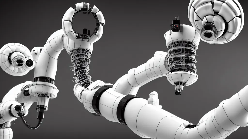 Image similar to a complex bifurcated robotic cnc surgical arm hybrid mri 3 d printer machine making swirling black and white ceramic mandlebulb mutant forms in the laboratory inspection room, film still from the movie directed by denis villeneuve with art direction by salvador dali, wide lens, f 3 2, cinematic lighting, studio quality, smooth render, unreal engine 5 rendered, octane rendered