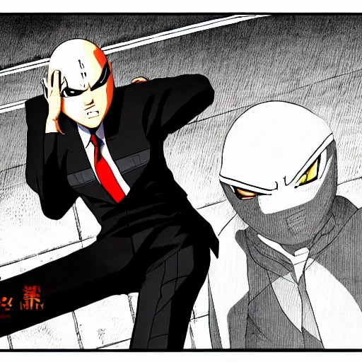 Prompt: Agent 47 in a scene from naruto, trending on pixiv, concept art, pen and ink, art by Viroie and moebius