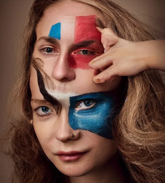 Image similar to A high-quality photorealistic face-centered portrait of a beautiful young woman wearing cubism face paint, by Steve McCurry and Brian Ingram and Annie Leibovitz, trending on flickr, trending on deviantArt