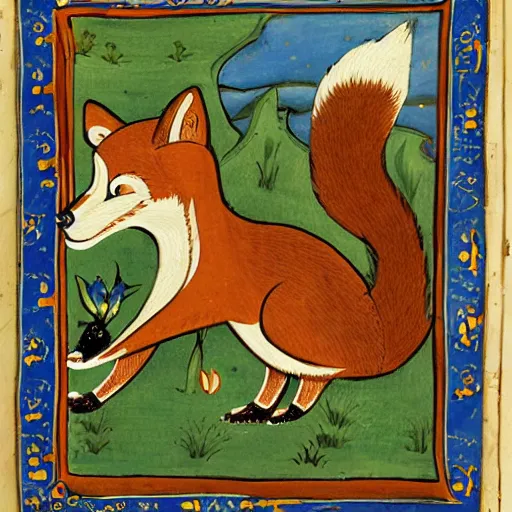 Image similar to anthropomorphic fox doing fieldwork, illuminated manuscript