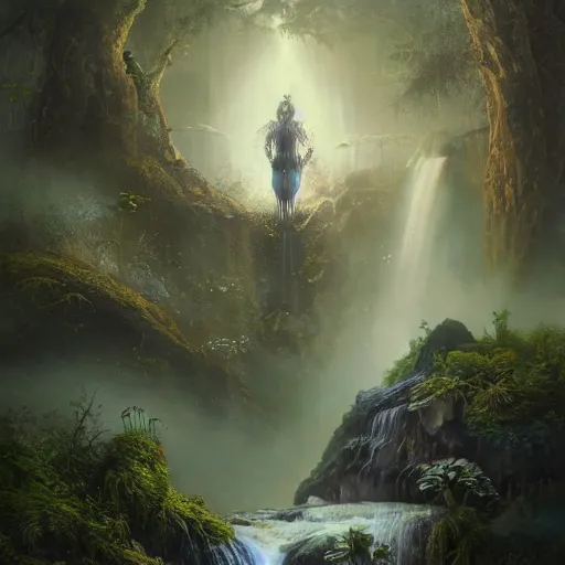 Prompt: tom bagshaw, beautiful amazon full armor, mythical cosmic shrine, soft painting render curiosities carnival pond river vegetation rocks bugs wildlife mushrooms covered moss bioluminescent wisps, beautiful stunning waterfall, accurate features, focus, very intricate ultrafine details, random volumetric lighting, fog, award winning masterpiece, octane render 8 k hd, artstation