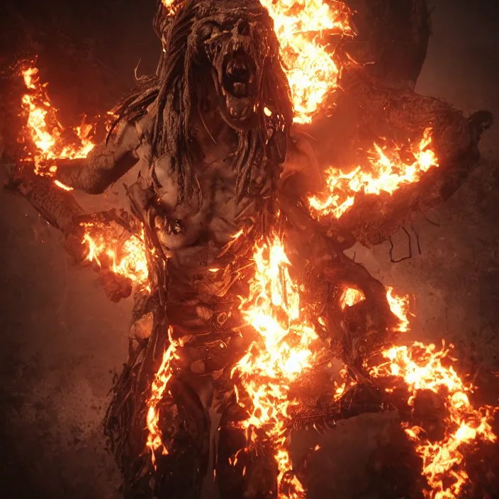 Image similar to gritty apocalyptic figure smiling with burning heart, octane render, 4 k ultra hd, hyper - detailed, seedy lighting, sharp focus, fantasy dark art