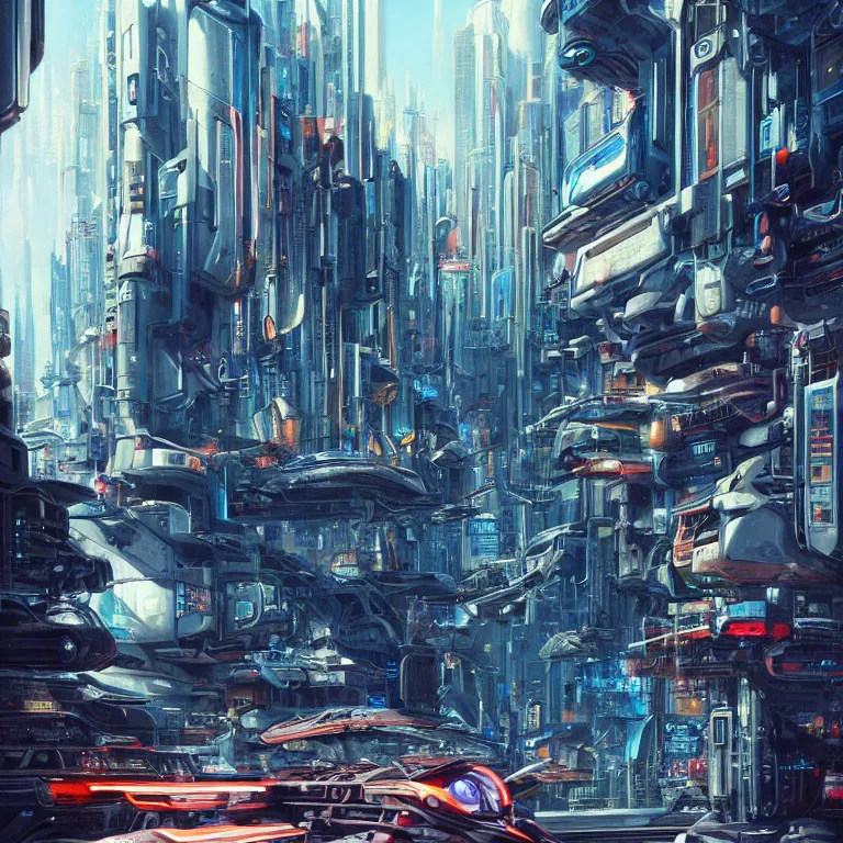 Prompt: hyperrealistic painting of a slice of life from a futuristic city, mechanical designs, futuristic vehicles, technological, cinematic, cyberpunk style, vivid color, highly detailed, sci - fi, realism, matte painting, 8 k resolution, concept art, by noriyoshi ohrai, george luks, james gurney