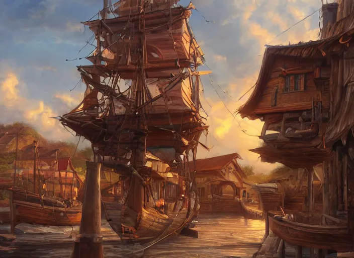 Prompt: a detailed and accurate masterpiece painting from within a town wooden port in the caribbeans, sharp detail, by tyler edlin, noah bradley, john j. park, jordan grimmer trending on artstation