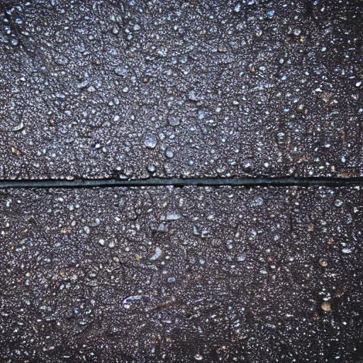 Image similar to close up of a puddle on asphalt reflecting the night sky, complex, high detail