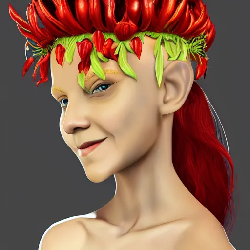 Prompt: cell shaded humanoid onion goddess, flower vine dress, crown, artstation, 4 k gorgeous, smiling, red hair