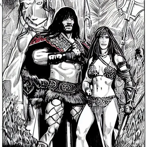 Prompt: a detailed illustration of conan the barbarian marrying red sonja marvel comics art style