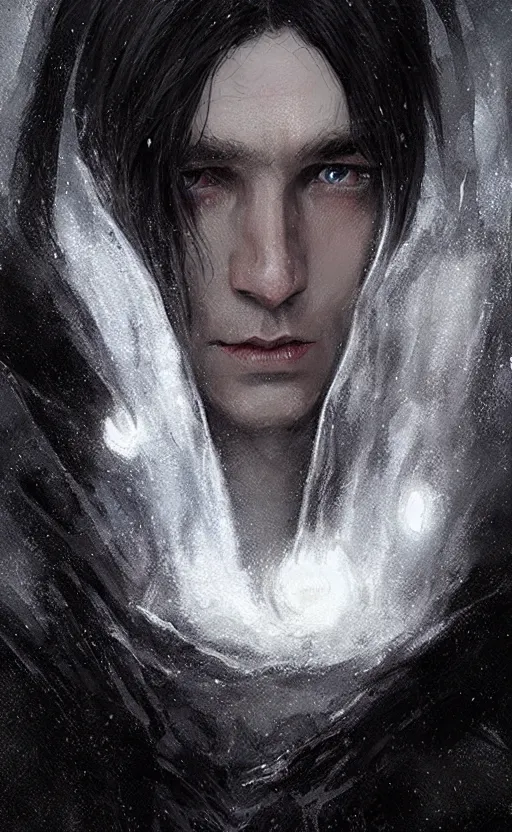 Image similar to Portrait of an elf in a black cloak, black hair, glowing eyes, male, detailed face, fantasy, highly detailed, cinematic lighting, digital art painting by greg rutkowski