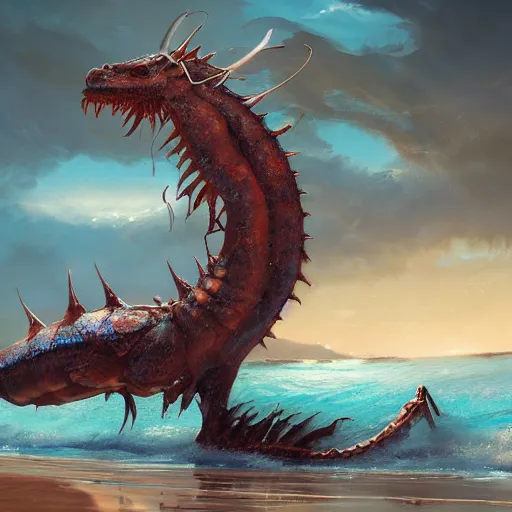 Image similar to a dying beached sea dragon washing up on the shore of a beach by jaime jones, cgsociety, fantasy art, concept art, artstation hd, deviantart hd. highly detailed. dramatic light. masterpiece