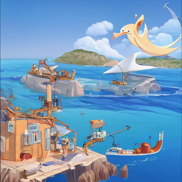 Image similar to a remote island research station in the middle of the ocean, rhads!!!, magical realism, urban fantasy, saturday morning cartoon, clean linework, ( alexander archipenko ), ( tex avery ), western animation