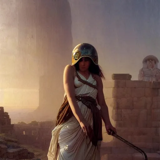 Image similar to tiny full-body young ancient greek woman in helmet, giant gray-haired bearded ancient greek man in background, by David Ligare, incredible details, epic stunning, highly detailed, trending on ArtStation, artgerm and greg rutkowski and alphonse mucha, IAMAG, broken giant marble ruins, golden hour