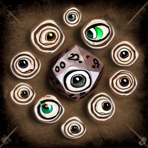 Image similar to d20 made of eyes, eyeballs, blink, dungeons and dragons, squish, squelch, dripping, oily, rotten, gaming, in the style of food photography, high gloss artifacts, eldritch, monster manual,