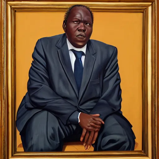 Image similar to a painting of a fatherly wide forehead, round face, XXL , loving, caring, generous, ever-present, humble, wise elder from Kenya in a suit by Kehinde Wiley . Fatherly/daddy, focused, loving, leader, relaxed,. ethereal lights, details, smooth, sharp focus, illustration, realistic, cinematic, artstation, award winning, rgb , unreal engine, octane render, cinematic light, macro, depth of field, blur, red light and clouds from the back, highly detailed epic cinematic concept art CG render made in Maya, Blender and Photoshop, octane render, excellent composition, dynamic dramatic cinematic lighting, aesthetic, very inspirational, arthouse.