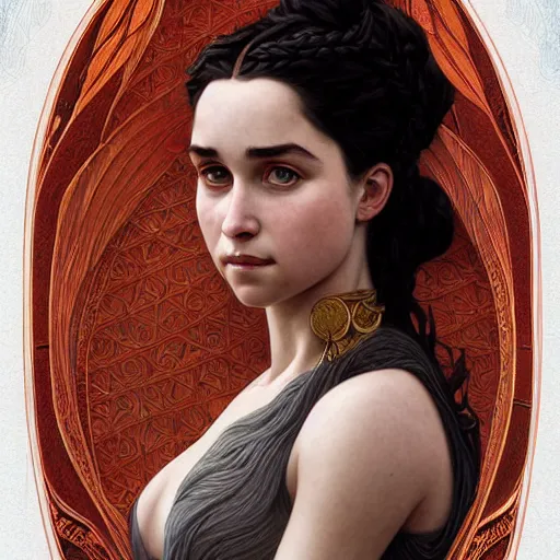 Prompt: portrait of daenerys, intricate, elegant, highly detailed, digital painting, artstation, concept art, smooth, sharp focus, illustration, art by artgerm and greg rutkowski and alphonse mucha and william - adolphe bouguereau