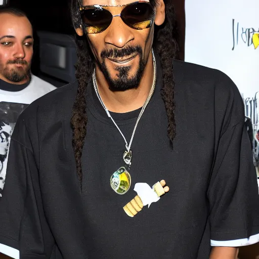 Image similar to Snoop Dog with big eyes eye color red , smiling and holding a joint in his hand