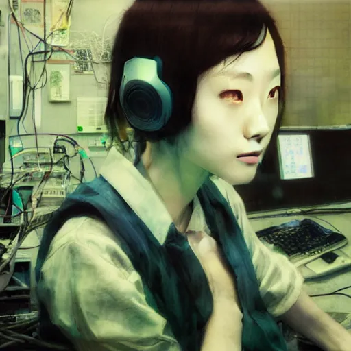 Prompt: beautiful portrait of lain iwakura, background room full of cables and computers by yoshitoshi abe, ruan jia and joao ruas, atmospheric, green and blue tones