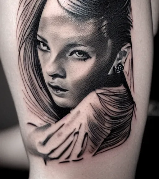 Image similar to tattoo design sketch of a beautiful girl portrait in front of a faded mountain background, in the style of den yakovlev, black and white, realism tattoo, hyper realistic, highly detailed