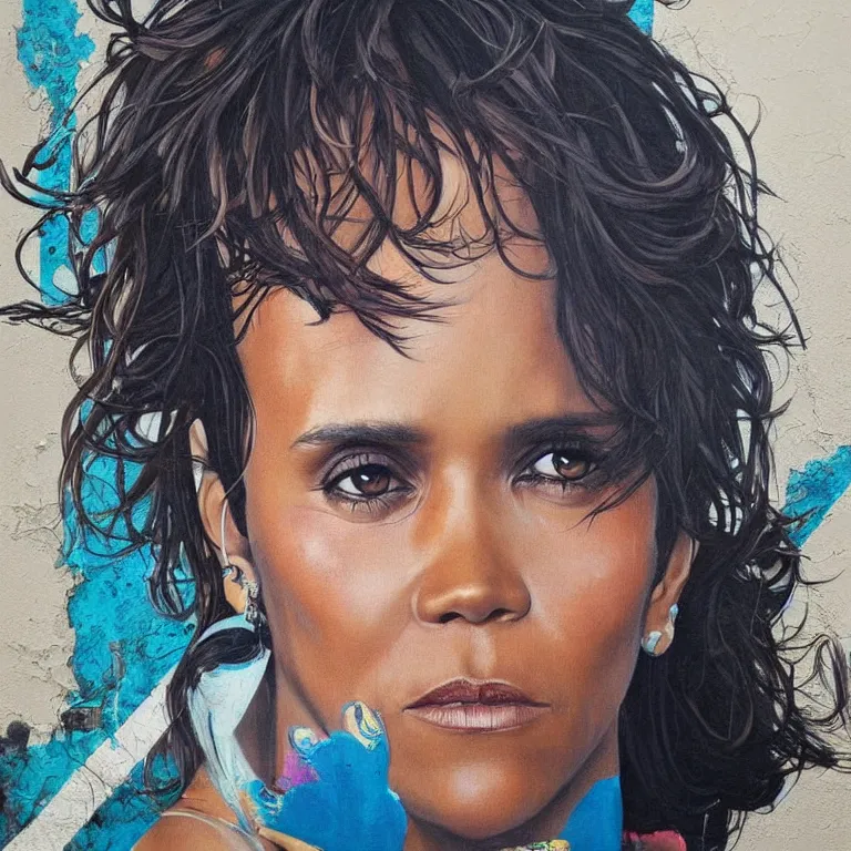 Image similar to Street-art portrait of Halle Maria Berry in style of Etam Cru, photorealism, elegant woman, beautiful woman