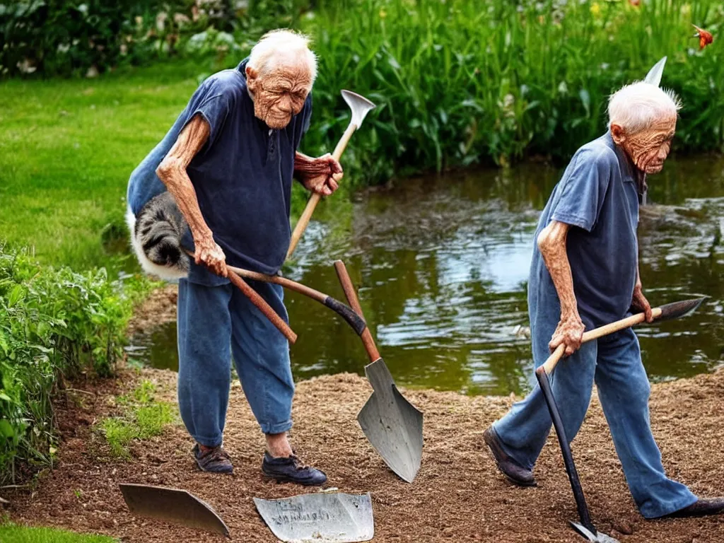 Prompt: old man appears carrying a shovel. he's also carrying a fish. then i remember, the fish in the pond died yesterday, and he's going to bury it. old woman had seen the neighbour burying their pet cat and thought that it was the thing to do.