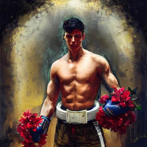 Prompt: handsome portrait of a young guy fitness posing, war hero, flexing, wearing vibrant boxing gloves, surrounded by hibiscus flowers, mma, wearing spartan bloodborne armor, radiant light, caustics, by gaston bussiere, bayard wu, greg rutkowski, giger, maxim verehin