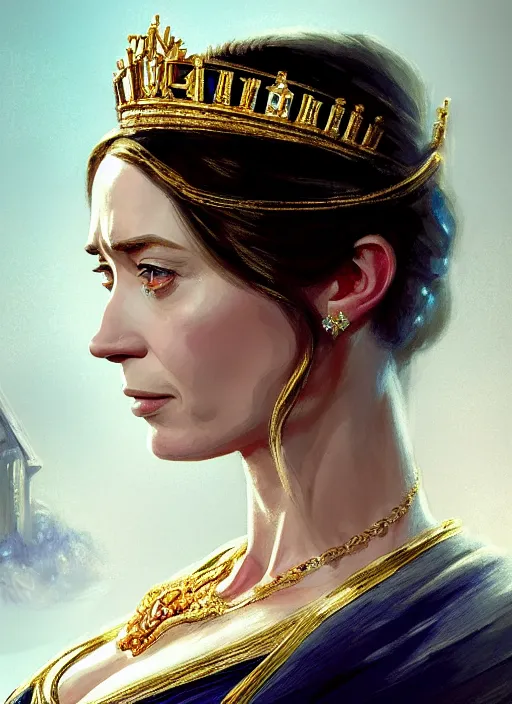 Image similar to portrait of emily blunt as arrogant queen, jewelry, greek, sapphire, victorian age, 1 8 9 0, intricate, headshot, key visual, conceptart, ambient lighting, highly detailed, digital painting, artstation, concept art, sharp focus, by makoto shinkai and akihiko yoshida and greg manchess