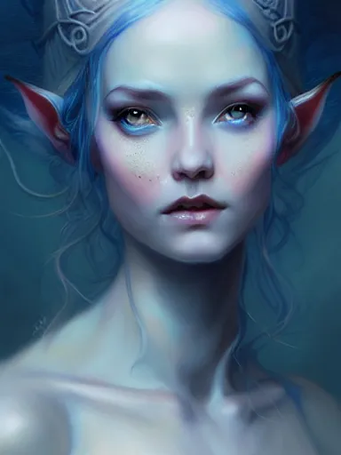 Prompt: the elven queen with blue skin by james jean, charlie bowater, tom bagshaw, nikolay makovsky : : enchanting, ethereal, magical, portrait, character design, illustration, hyperrealism, photorealism, digital art, concept art, fantasy, whimsy, weta, wlop, artstation