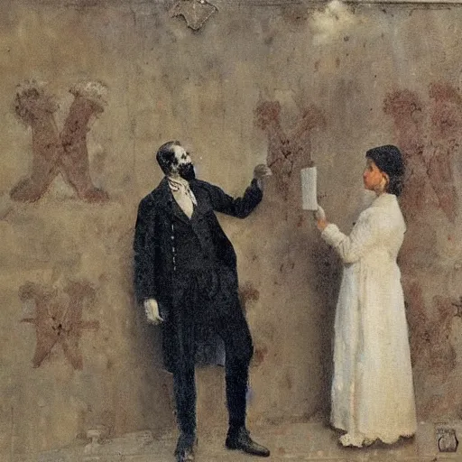 Prompt: gentleman and woman studying a wall full of occult symbols by alfred stevens