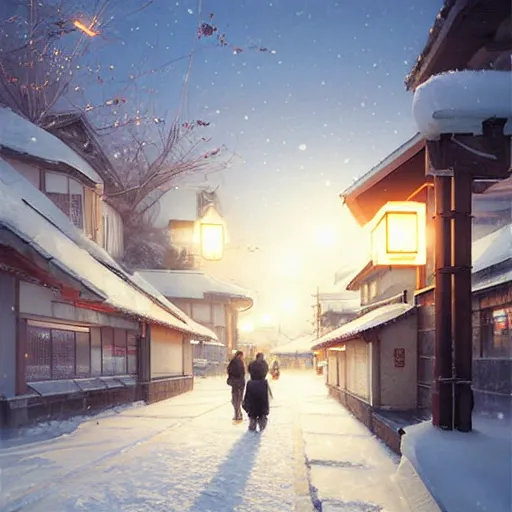 Image similar to walking around snow covered ozu city and shimonad station, ehime, japan. volumetric lighting, clear winter night, realistic illustration, perfectly shaded, soft painting, art by krenz cushart and wenjun lin