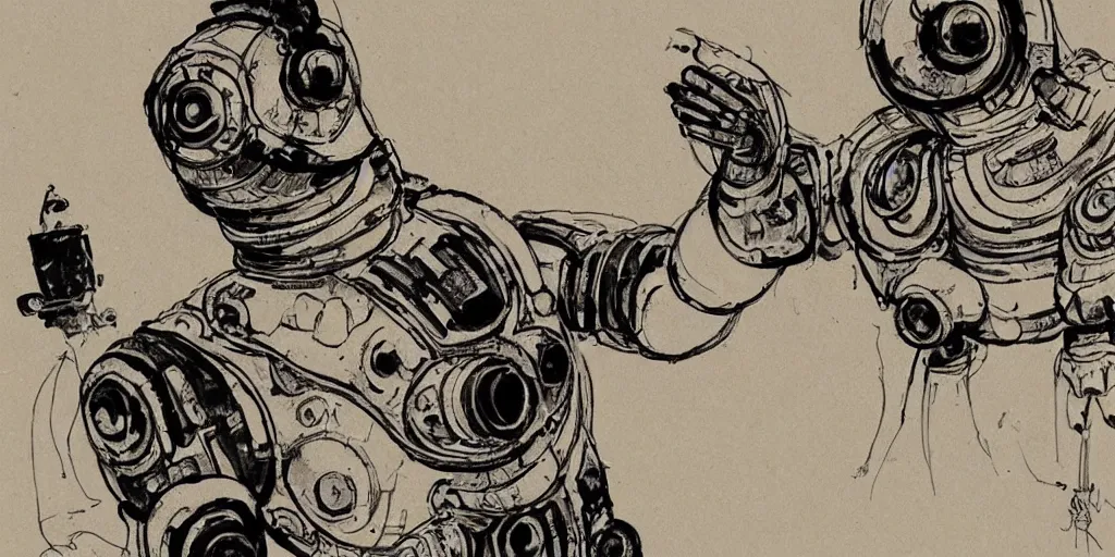 Prompt: a beautiful loose brushwork ink sketch of a mongolian robot in the style of renaissance art, beautifully lit