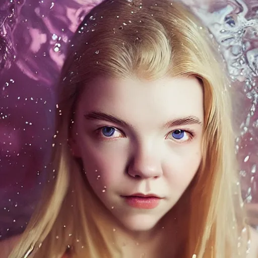 Prompt: a beautiful blonde girl like a angel of anya taylor - joy floating under the deep water, white petal, by personal photography, art by brookskim, closeup, 4 k, highly detailed, instagram,